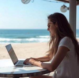 Woman working on a laptop near a beach