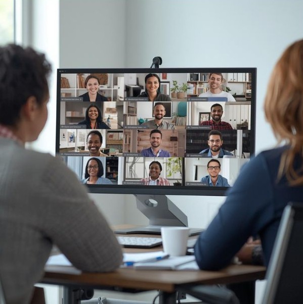 two people sitting at a desk facing a screen with several people engaged in an online meeting
